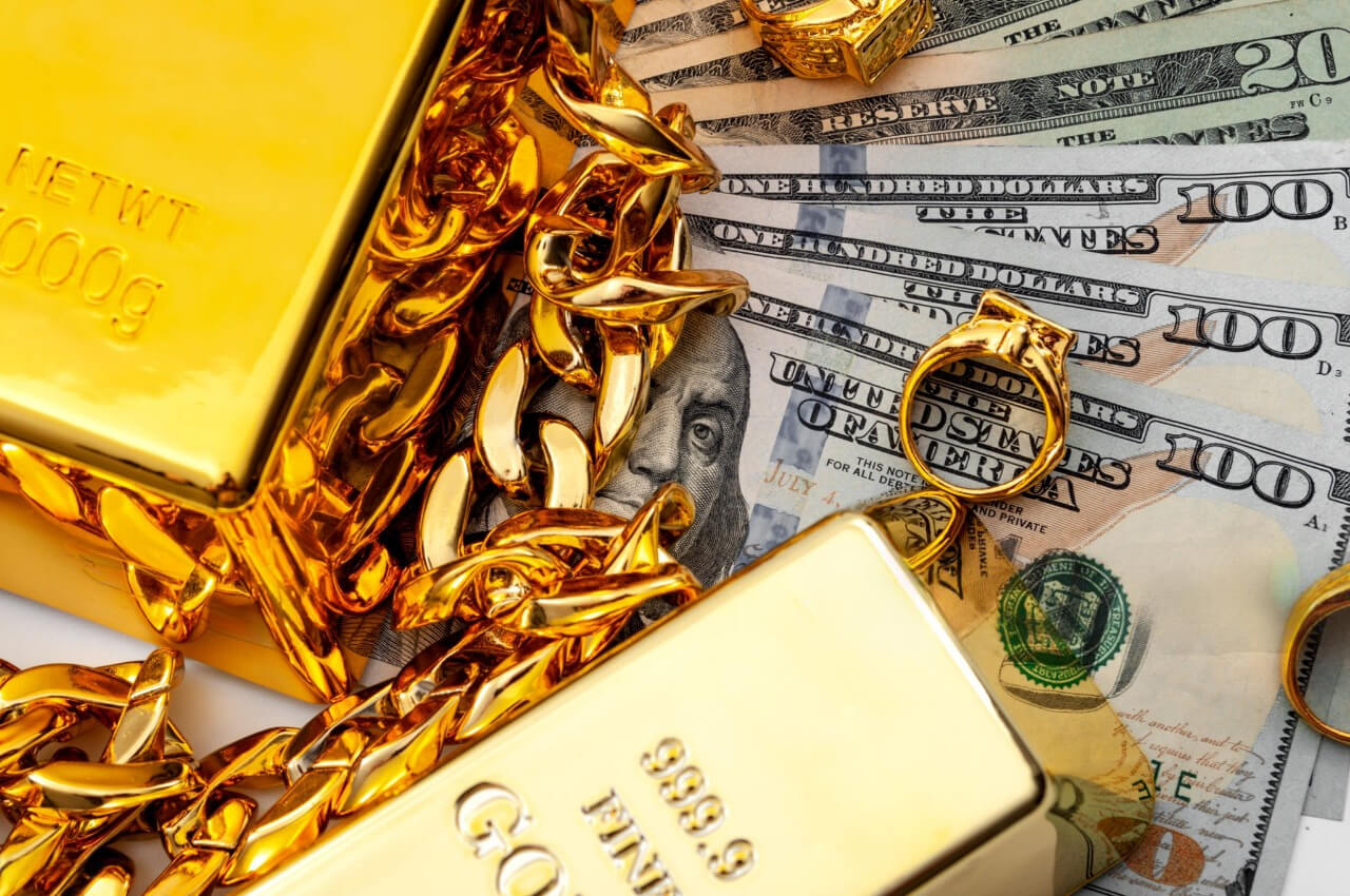 24k gold jewelry, gold bars and money